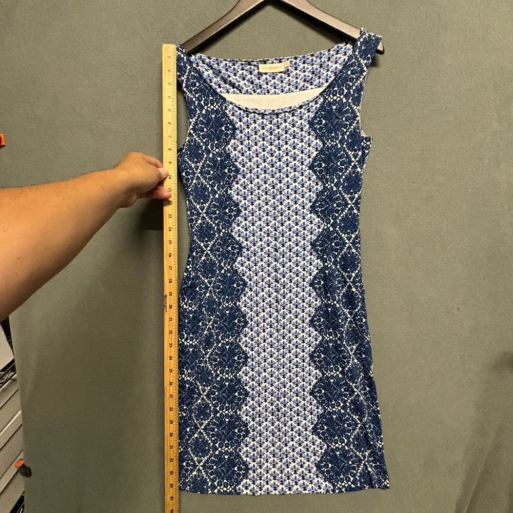 Tory Burch Sheath Dress Womens Small Blue Geometric Floral Print Sleeveless EXCL